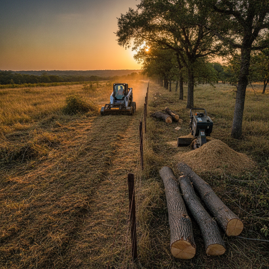 Fence line and neighbor brush — Land Clearing Services guide illustration in Granbury, Texas